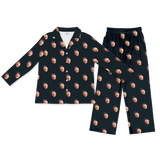 Black button-up pajamas with matching pants, featuring repeating funny wide-mouth man face print art[BlackLongSleevePajamaShirt&PantsSet]