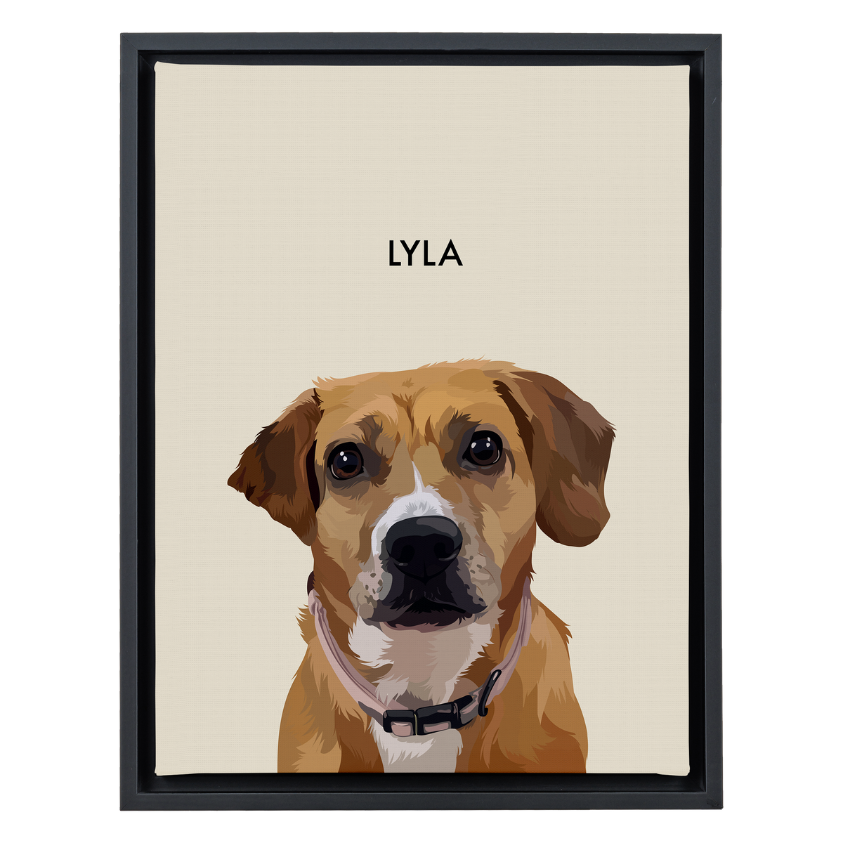 Black-framed 'Lyla' dog portrait on a beige 12x16 canvas background.