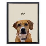 Black-framed 'Lyla' dog portrait on a beige 12x16 canvas background.