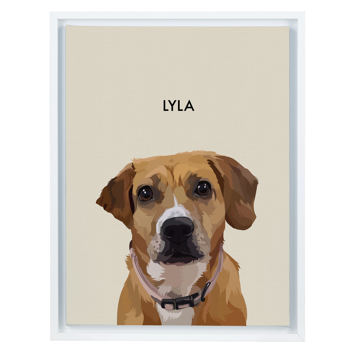 White-framed 'Lyla' dog portrait on a beige 12x16 canvas background.