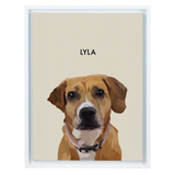 White-framed 'Lyla' dog portrait on a beige 12x16 canvas background.