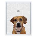 Black-framed 'Lyla' dog portrait on a white 12x16 canvas with gray leaves background.
