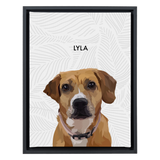 White-framed 'Lyla' dog portrait on a white 12x16 canvas with gray leaves background.