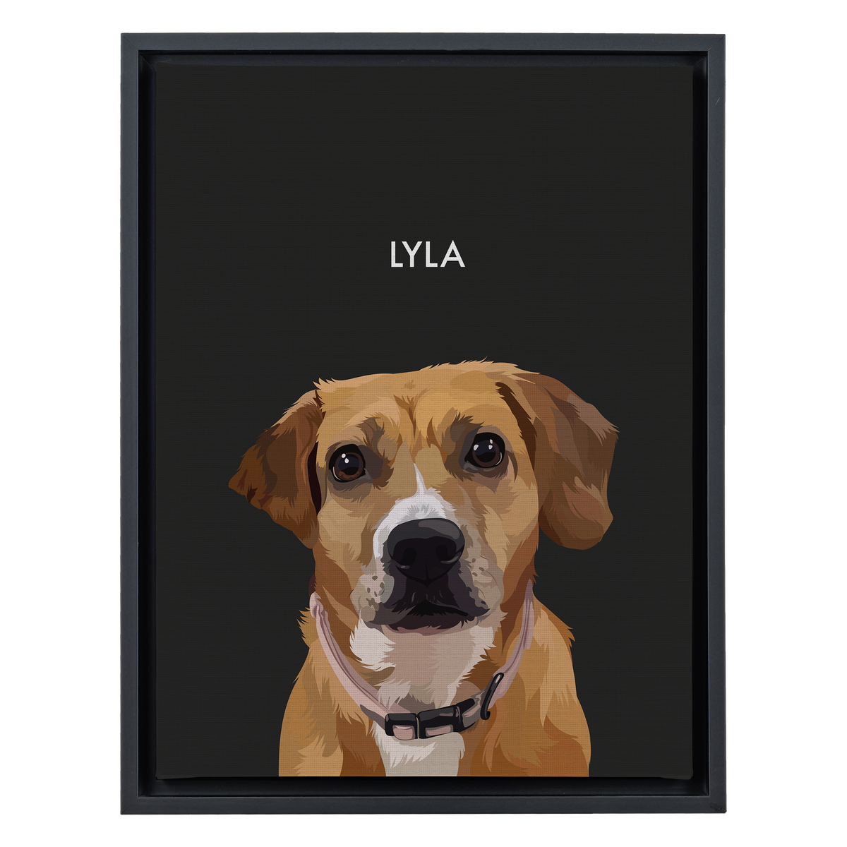 Black-framed 'Lyla' dog portrait on a black 12x16 canvas background.