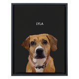 Black-framed 'Lyla' dog portrait on a black 12x16 canvas background.