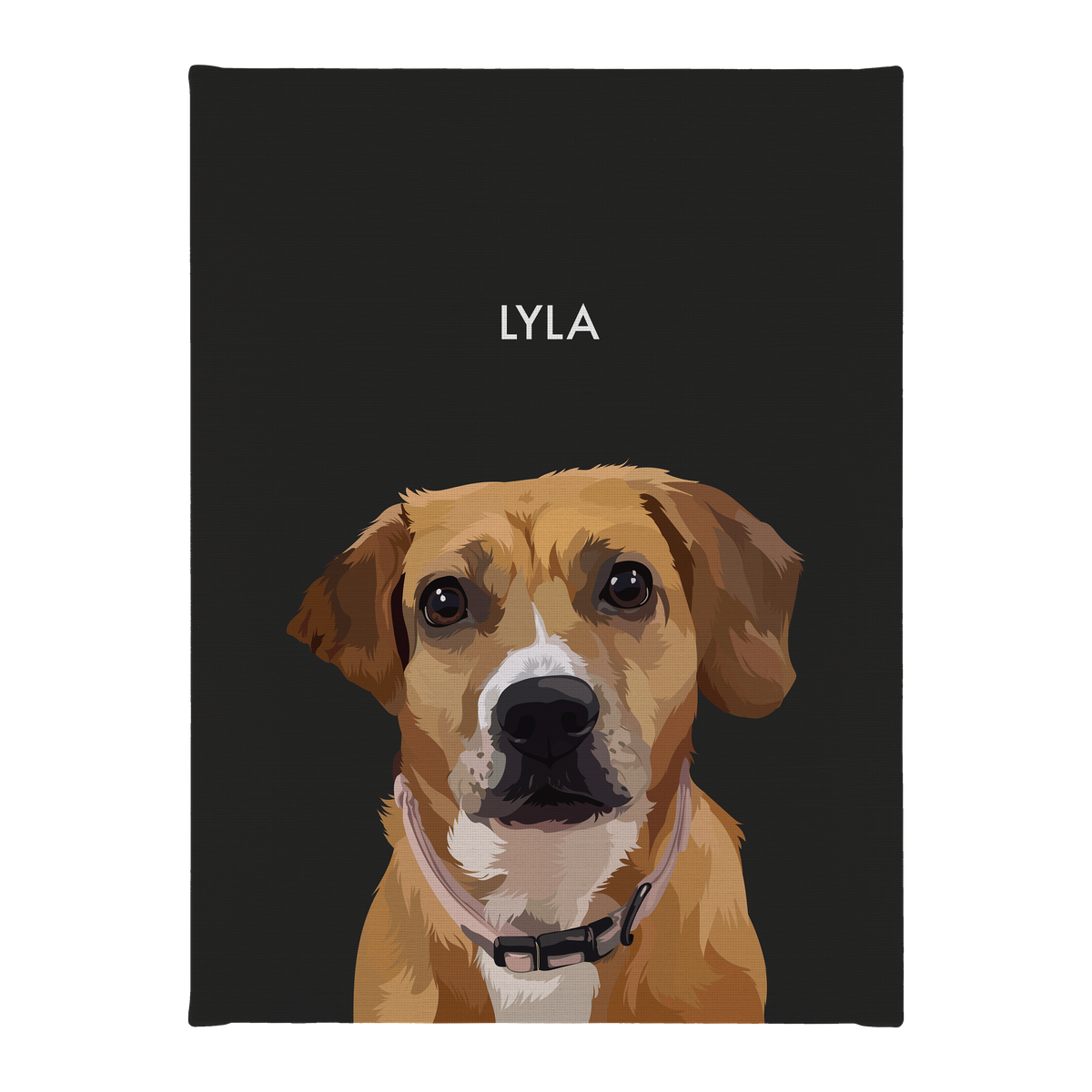 No framed 'Lyla' dog portrait on a black 12x16 canvas background.
