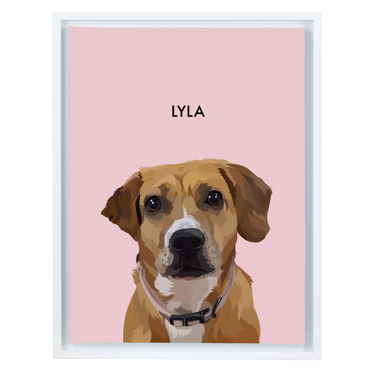 White-framed 'Lyla' dog portrait on a pink 12x16 canvas background.
