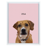 White-framed 'Lyla' dog portrait on a pink 12x16 canvas background.