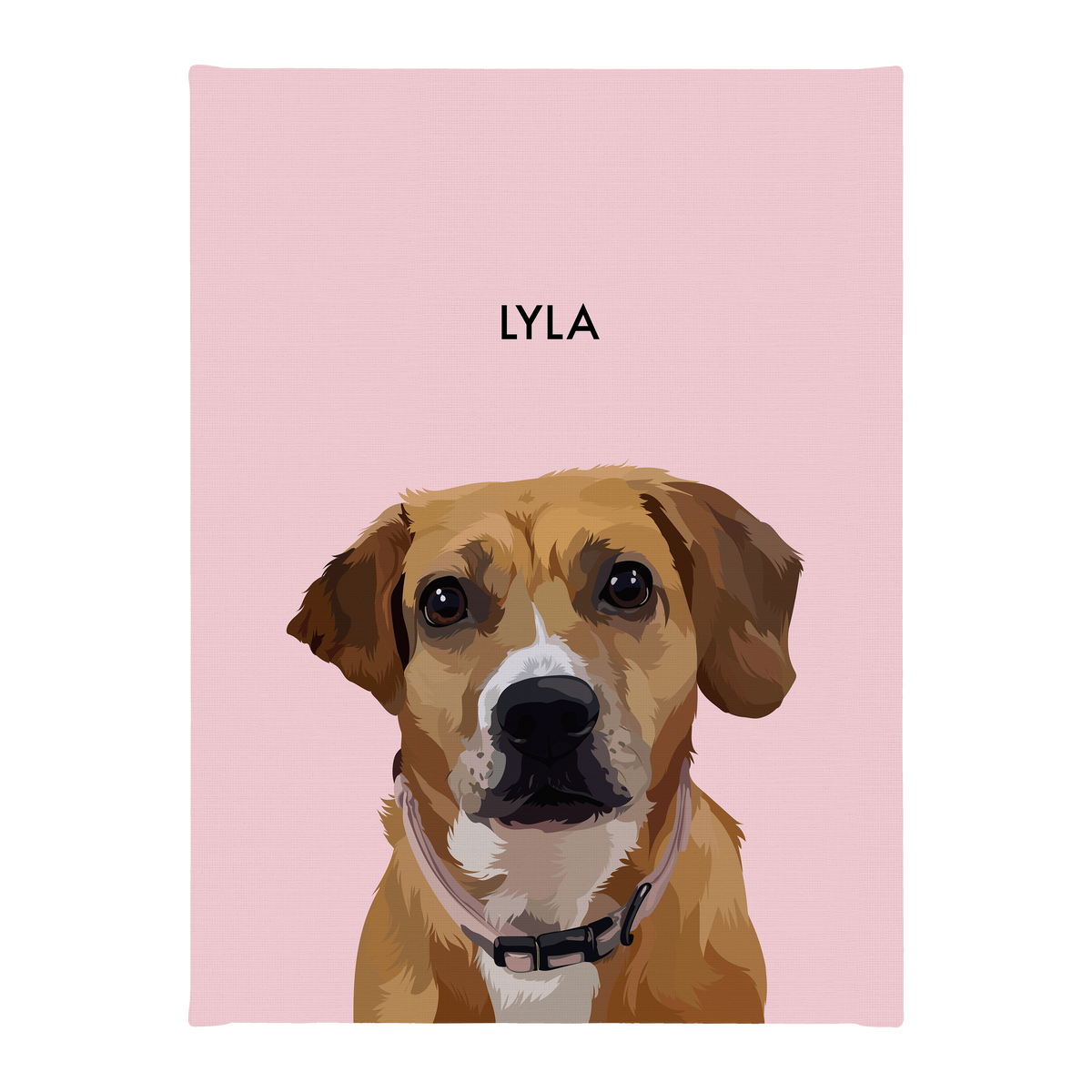 No framed 'Lyla' dog portrait on a pink 12x16 canvas background.