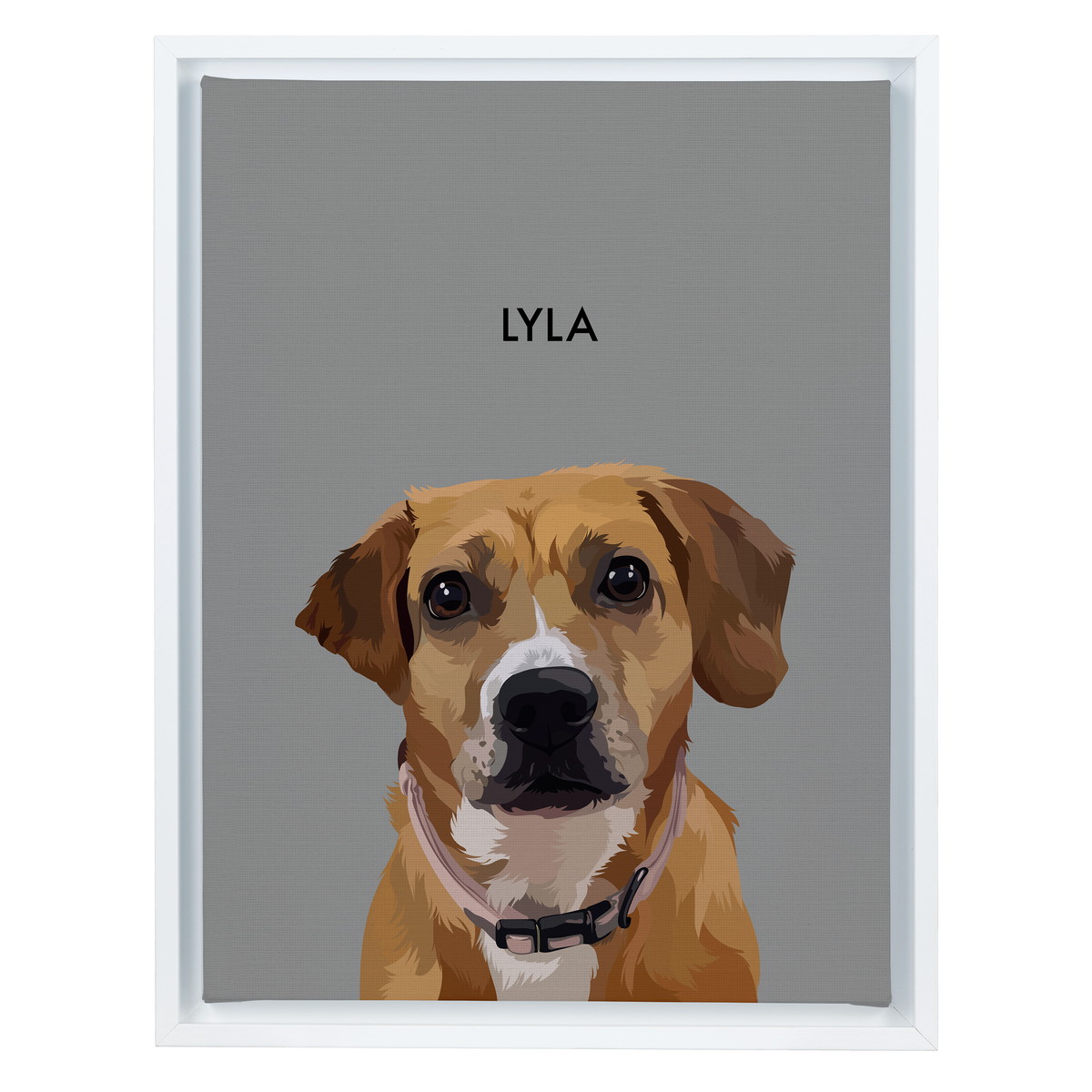 White-framed 'Lyla' dog portrait on a gray 12x16 canvas background.