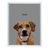 White-framed 'Lyla' dog portrait on a gray 12x16 canvas background.