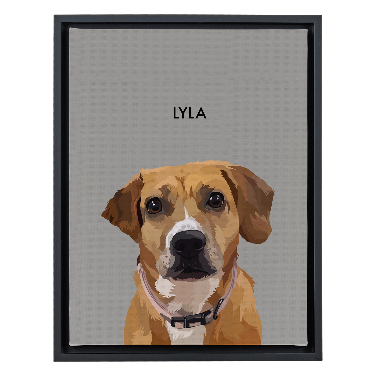 Black-framed 'Lyla' dog portrait on a gray 12x16 canvas background.