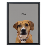 Black-framed 'Lyla' dog portrait on a gray 12x16 canvas background.