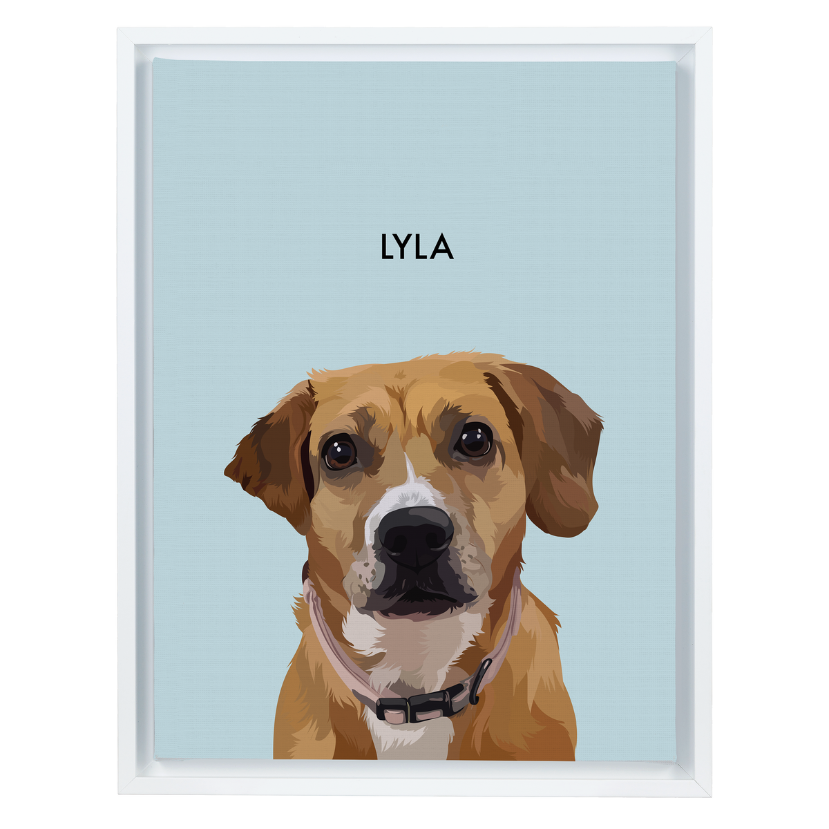 White-framed 'Lyla' dog portrait on a blue 12x16 canvas background.