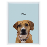 White-framed 'Lyla' dog portrait on a blue 12x16 canvas background.