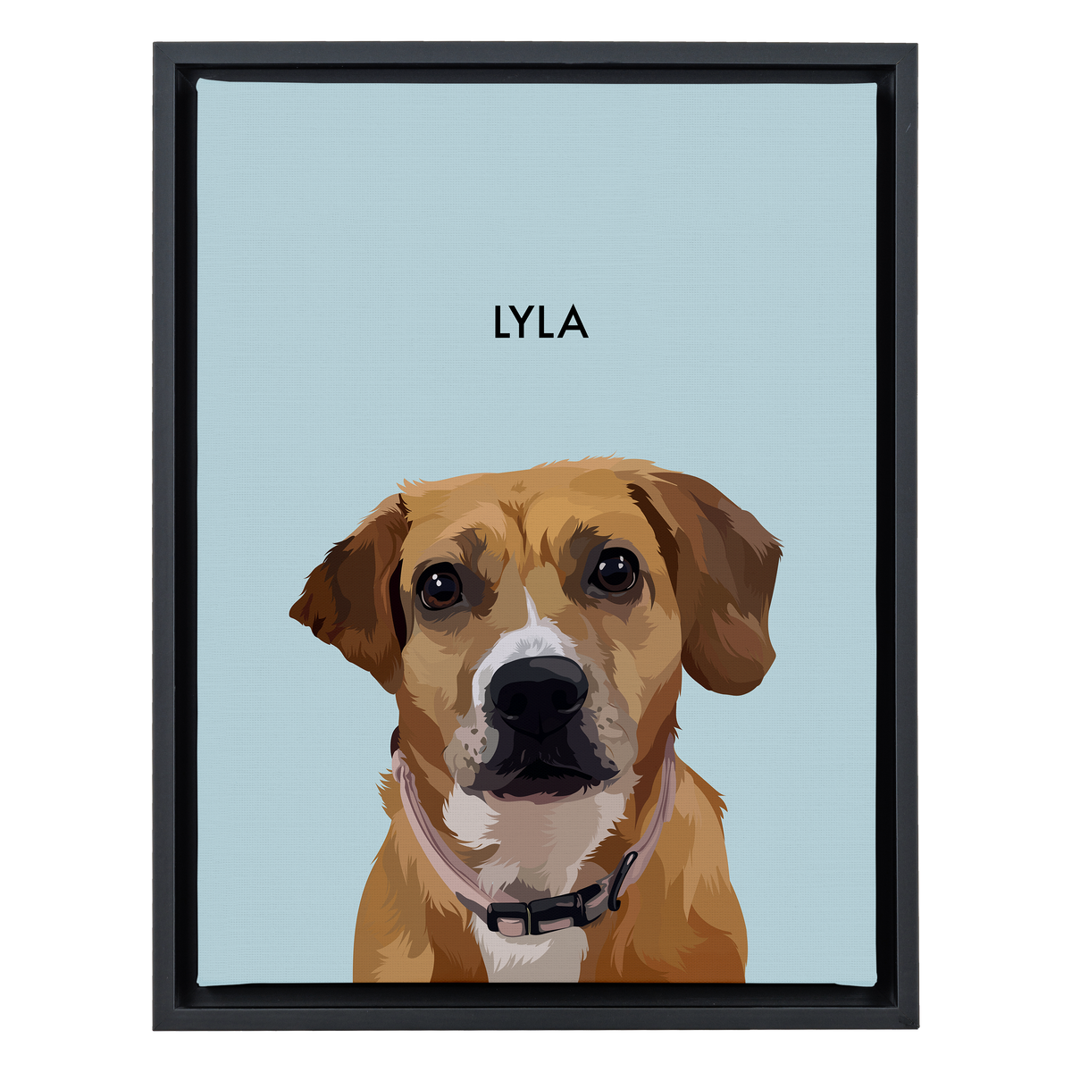 Black-framed 'Lyla' dog portrait on a blue 12x16 canvas background.