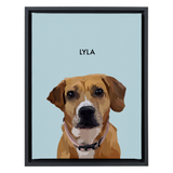 Black-framed 'Lyla' dog portrait on a blue 12x16 canvas background.