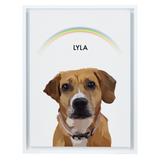 Black-framed 'Lyla' dog portrait on a white 12x16 canvas with a rainbow background.