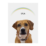 No framed 'Lyla' dog portrait on a white 12x16 canvas with a rainbow background.