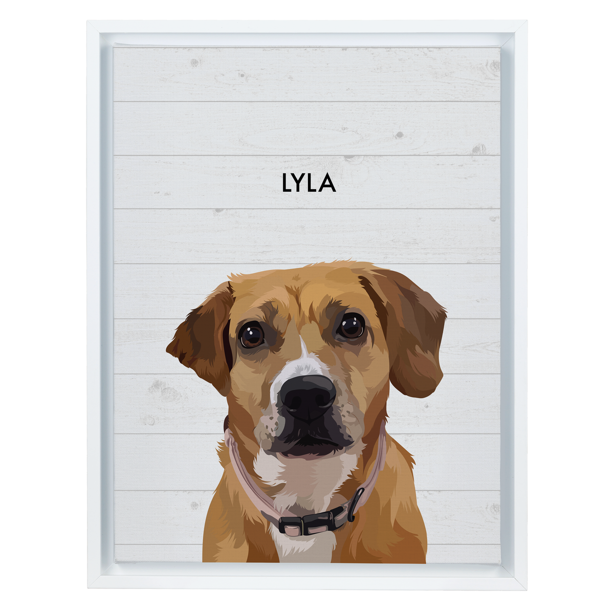 White-framed 'Lyla' dog portrait on a white wood 12x16 canvas background.