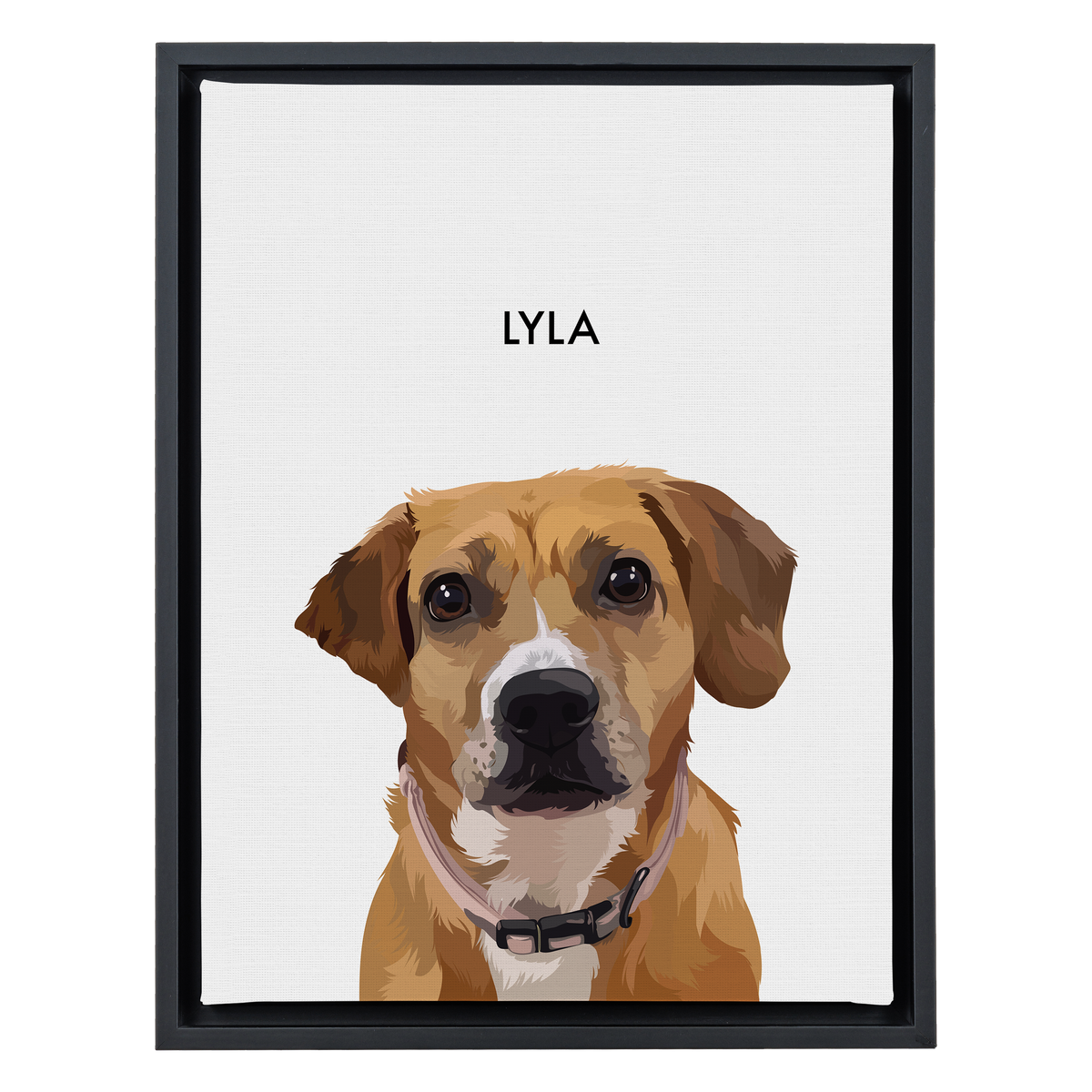 Black-framed 'Lyla' dog portrait on a white 12x16 canvas background.