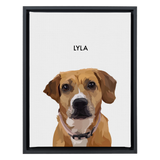 Black-framed 'Lyla' dog portrait on a white 12x16 canvas background.