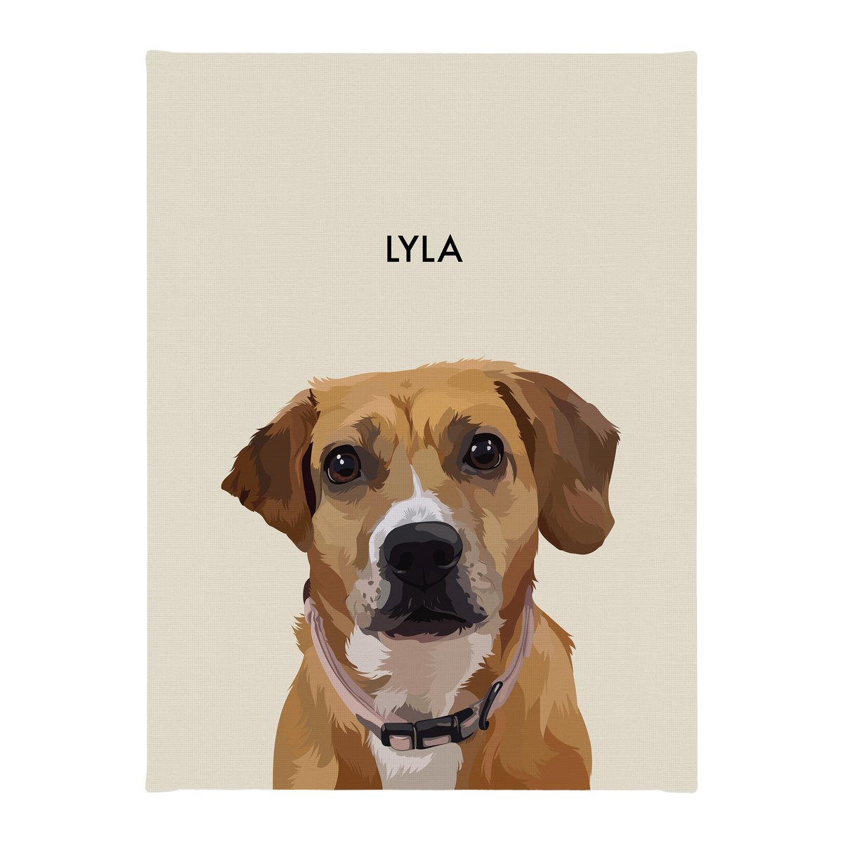 No framed 'Lyla' dog portrait on a beige 12x16 canvas background.