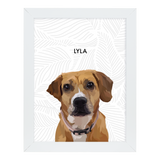White-framed 'Lyla' dog portrait on a white 12x16 canvas with gray leaves background.