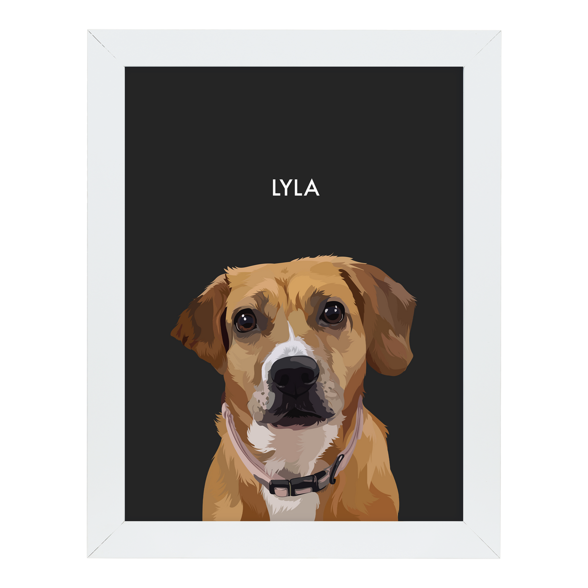 White-framed 'Lyla' dog portrait on a black 12x16 canvas background.
