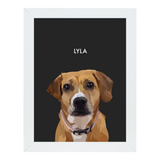 White-framed 'Lyla' dog portrait on a black 12x16 canvas background.