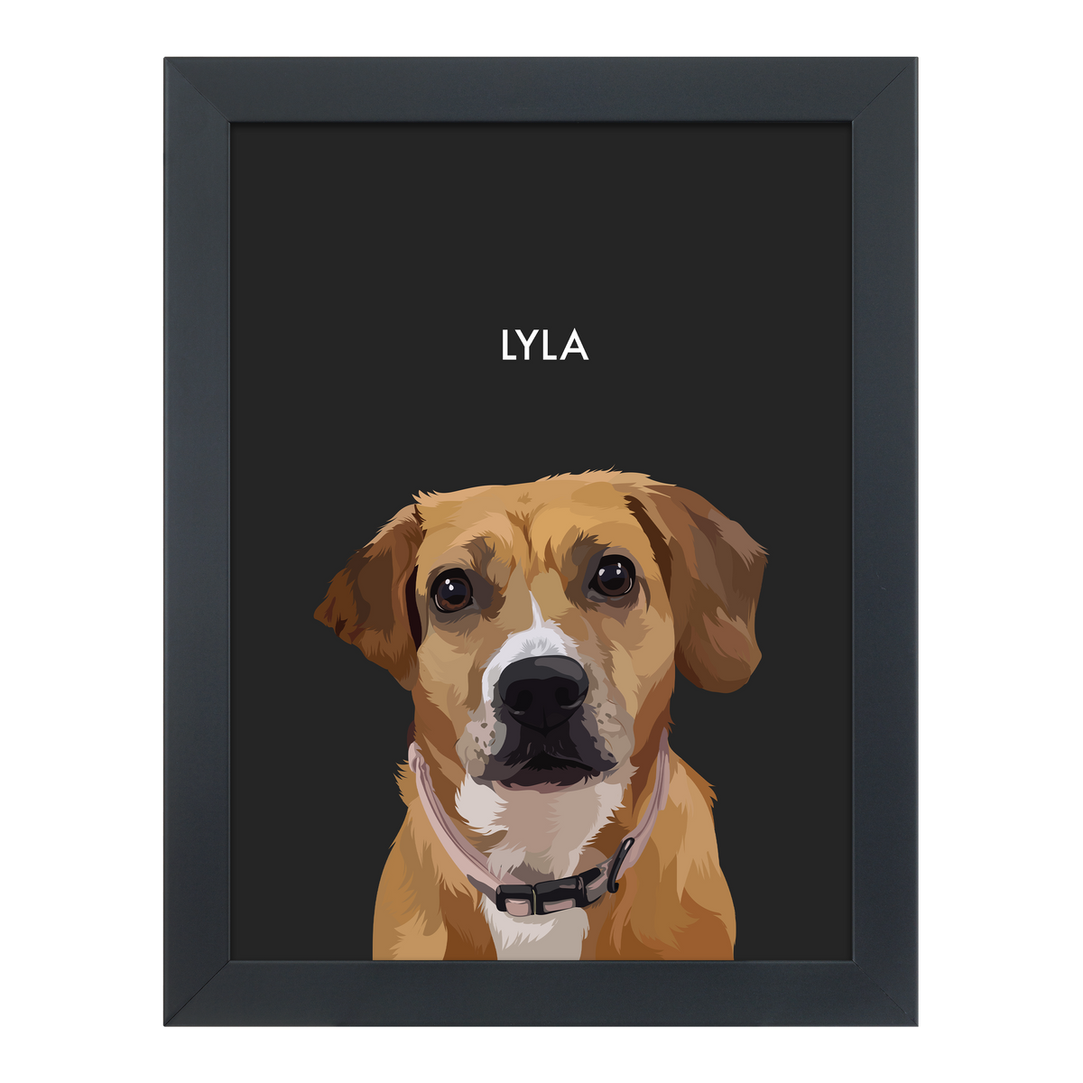 Black-framed 'Lyla' dog portrait on a black 12x16 canvas background.