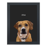 Black-framed 'Lyla' dog portrait on a black 12x16 canvas background.