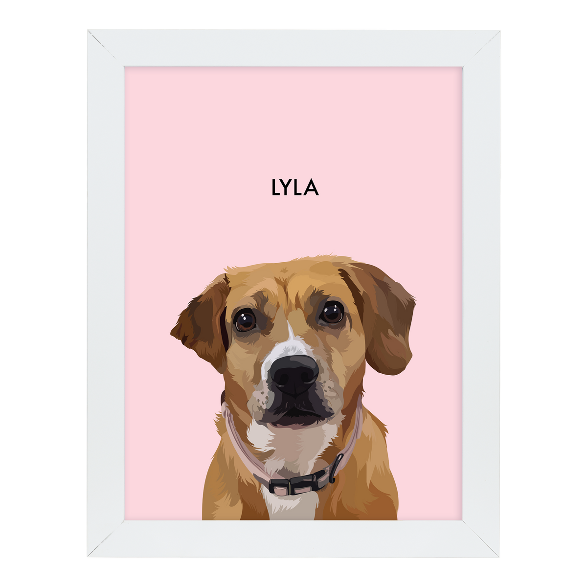 White-framed 'Lyla' dog portrait on a pink 12x16 canvas background.