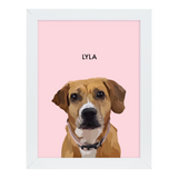 White-framed 'Lyla' dog portrait on a pink 12x16 canvas background.