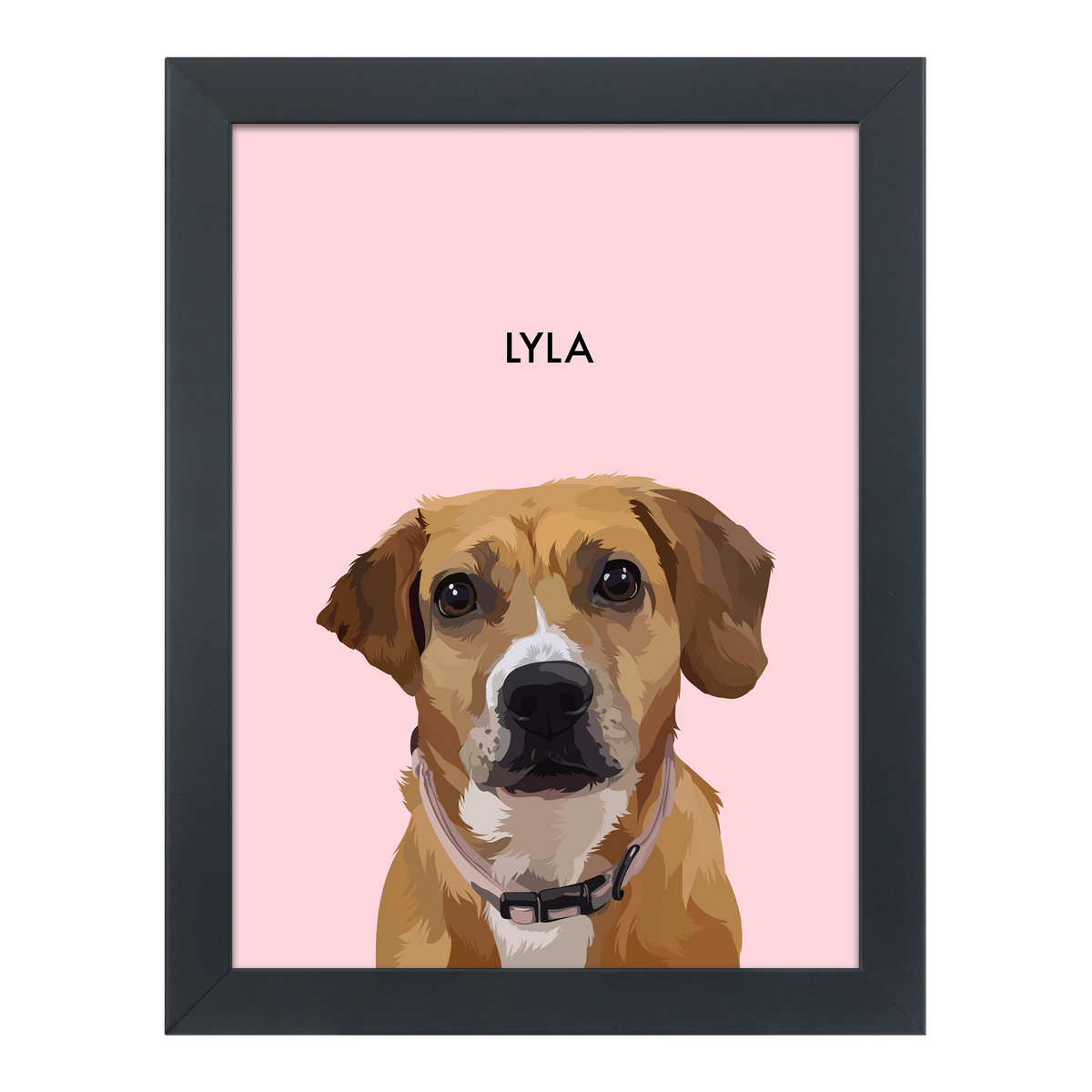 Black-framed 'Lyla' dog portrait on a pink 12x16 canvas background.