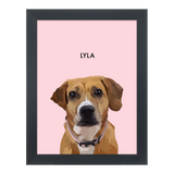 Black-framed 'Lyla' dog portrait on a pink 12x16 canvas background.