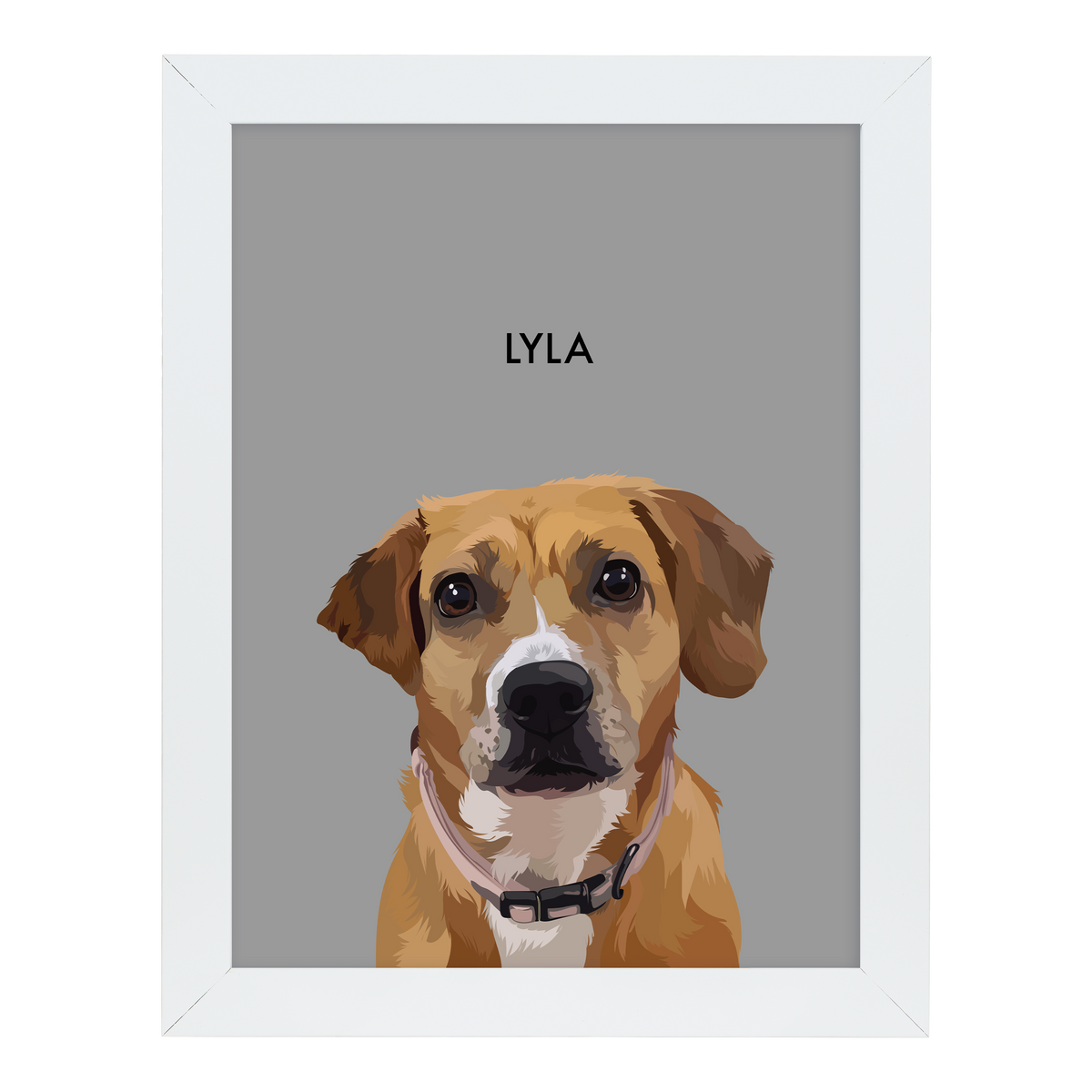 White-framed 'Lyla' dog portrait on a gray 12x16 canvas background.
