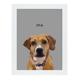 White-framed 'Lyla' dog portrait on a gray 12x16 canvas background.