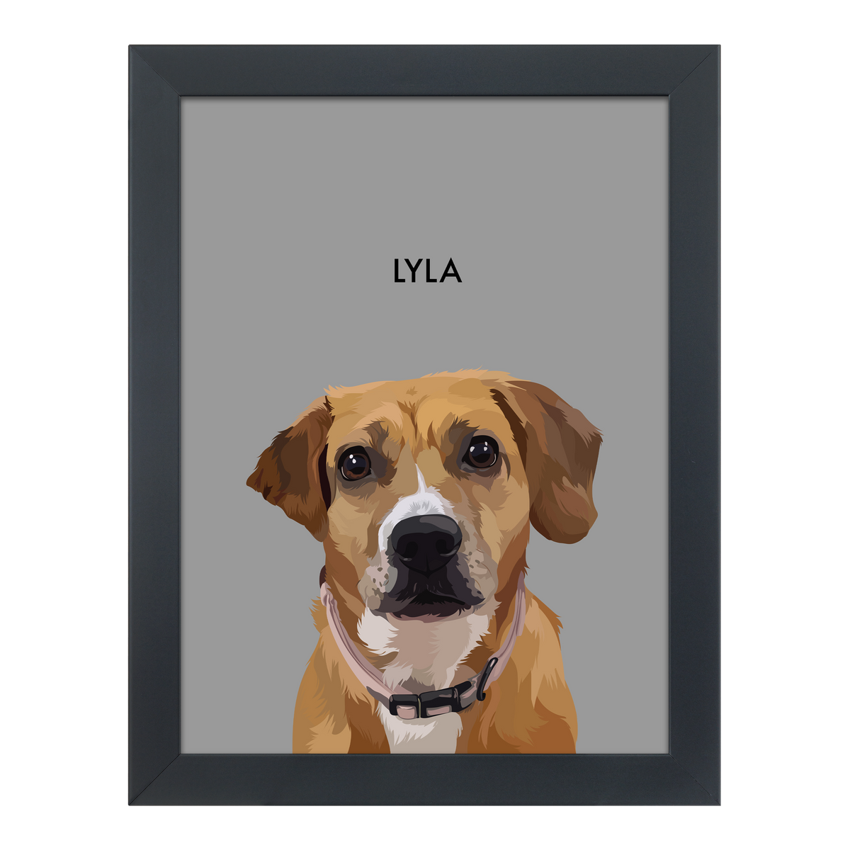 Black-framed 'Lyla' dog portrait on a gray 12x16 canvas background.