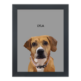 Black-framed 'Lyla' dog portrait on a gray 12x16 canvas background.