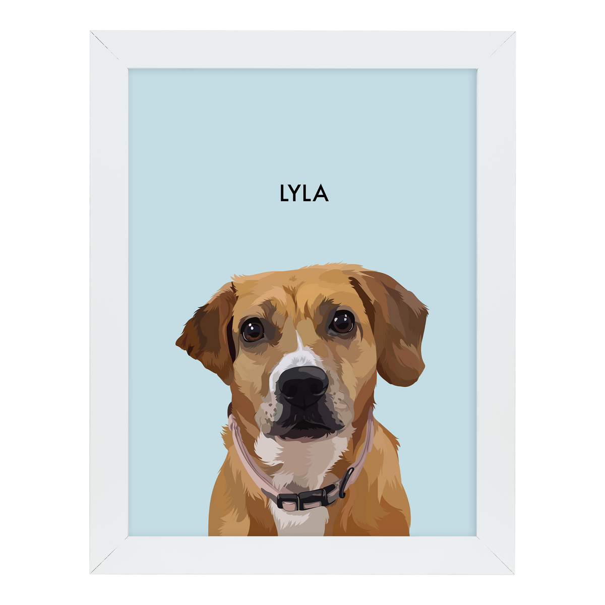 White-framed 'Lyla' dog portrait on a blue 12x16 canvas background.