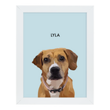 White-framed 'Lyla' dog portrait on a blue 12x16 canvas background.