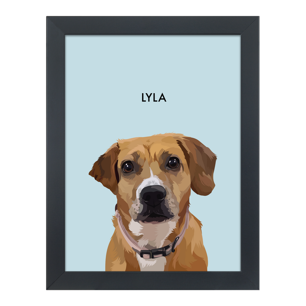 Black-framed 'Lyla' dog portrait on a blue 12x16 canvas background.