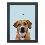 Black-framed 'Lyla' dog portrait on a blue 12x16 canvas background.