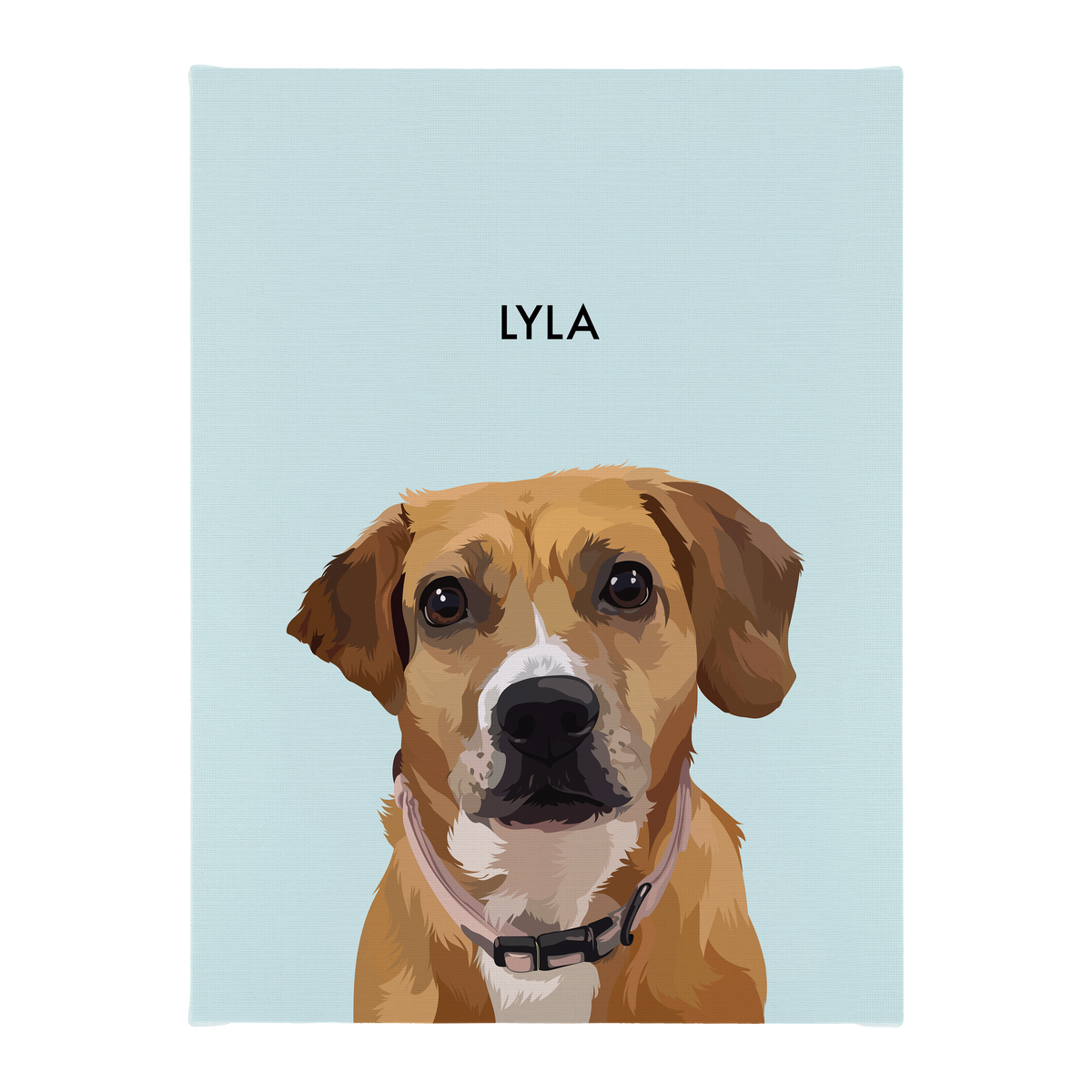 No framed 'Lyla' dog portrait on a blue 12x16 canvas background.