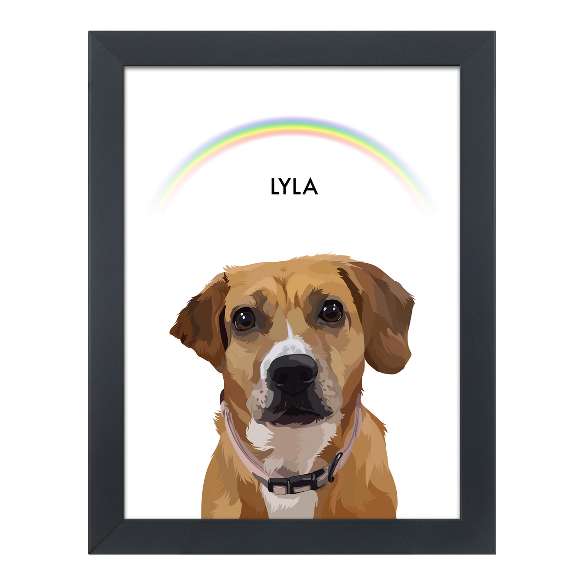Black-framed 'Lyla' dog portrait on a white 12x16 with a rainbow canvas background.