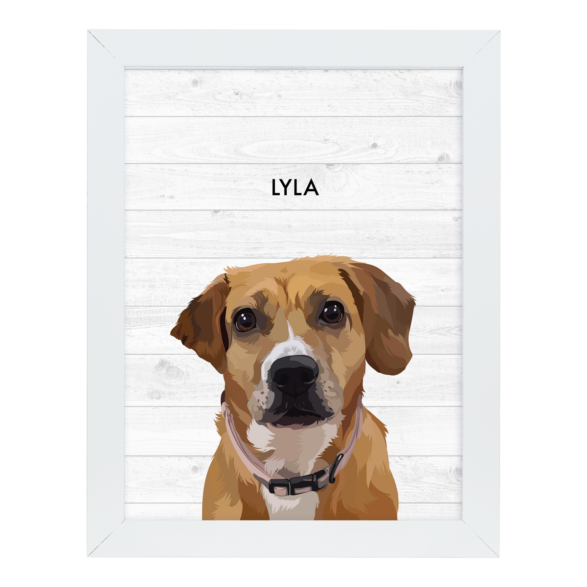 White-framed 'Lyla' dog portrait on a white wood 12x16 canvas background.