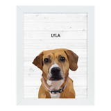 White-framed 'Lyla' dog portrait on a white wood 12x16 canvas background.