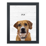 Black-framed 'Lyla' dog portrait on a white 12x16 canvas with white wood background.