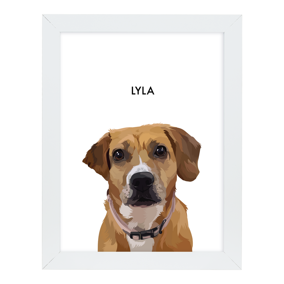 White-framed 'Lyla' dog portrait on a white 12x16 canvas background.